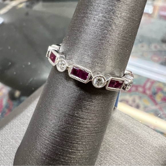 14k White Gold Diamond & Ruby Band Ring - Picture 8 of 9